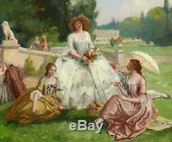 Tableau scène galante Henry Victor LESUR femmes élégantes parc château paysage