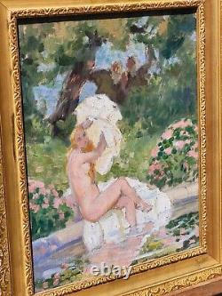 Tableau signée LUCIENNE LEROUX Femme Prenant le bain Peinture huile sur toile