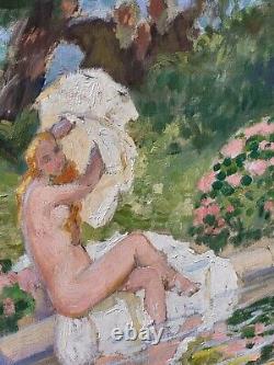 Tableau signée LUCIENNE LEROUX Femme Prenant le bain Peinture huile sur toile