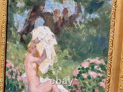 Tableau signée LUCIENNE LEROUX Femme Prenant le bain Peinture huile sur toile