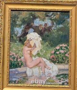 Tableau signée LUCIENNE LEROUX Femme Prenant le bain Peinture huile sur toile