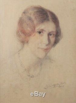Technique mixte Portrait de femme 1925 signé Schultz Allemagne Alsace Art deco