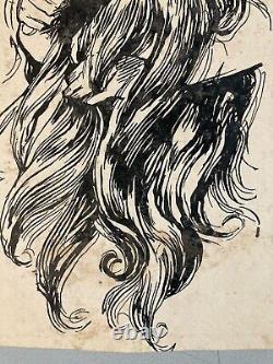 Très Beau Dessin 1930 Encre ancien femme Au Cheveux Long art Deco A Identifier