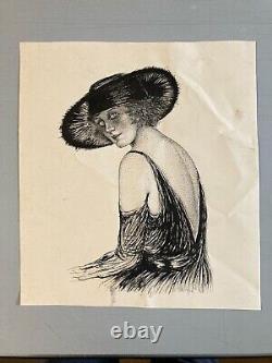 Très Beau Dessin 1950 Encre ancien femme Au Chapeau art Deco A Identifier