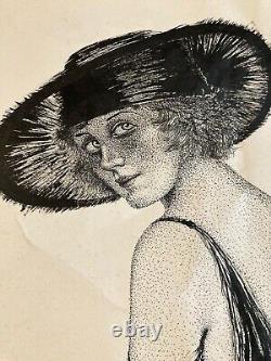 Très Beau Dessin 1950 Encre ancien femme Au Chapeau art Deco A Identifier