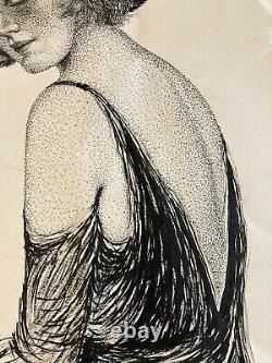 Très Beau Dessin 1950 Encre ancien femme Au Chapeau art Deco A Identifier