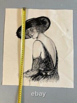 Très Beau Dessin 1950 Encre ancien femme Au Chapeau art Deco A Identifier