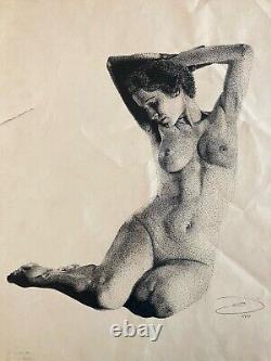 Très Beau Dessin Encre Jeune femme art 1977 Pointillisme Nu érotique Nue Point