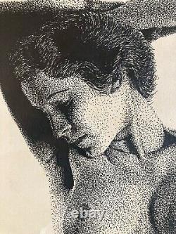 Très Beau Dessin Encre Jeune femme art 1977 Pointillisme Nu érotique Nue Point