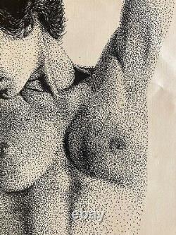 Très Beau Dessin Encre femme art 1977 Pointillisme Nu érotique Nue Point art