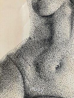 Très Beau Dessin Encre femme art 1977 Pointillisme Nu érotique Nue Point art