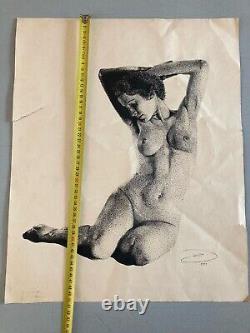 Très Beau Dessin Encre femme art 1977 Pointillisme Nu érotique Nue Point art