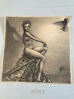 Très Beau Dessin Fusain femme art 1950 Pin Up Erotique Nu Nue Ancien Américain