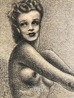 Très Beau Dessin Fusain femme art 1950 Pin Up Erotique Nu Nue Ancien Américain