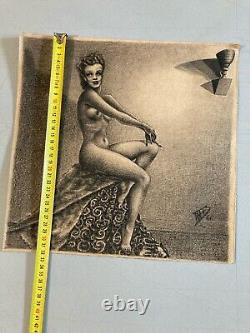 Très Beau Dessin Fusain femme art 1950 Pin Up Erotique Nu Nue Ancien Américain