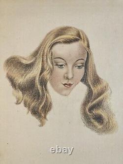 Très Beau Dessin Fusain femme art 1950 Pin Up Pin-Up Ancien Visage Tête Blonde