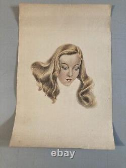 Très Beau Dessin Fusain femme art 1950 Pin Up Pin-Up Ancien Visage Tête Blonde