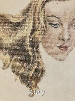 Très Beau Dessin Fusain femme art 1950 Pin Up Pin-Up Ancien Visage Tête Blonde