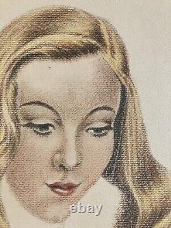 Très Beau Dessin Fusain femme art 1950 Pin Up Pin-Up Ancien Visage Tête Blonde