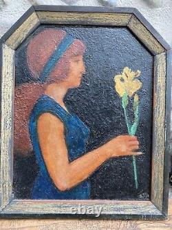 Très Belle Peinture Huile sur panneau ardoise jeune femme portrait art deco 1930