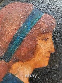 Très Belle Peinture Huile sur panneau ardoise jeune femme portrait art deco 1930