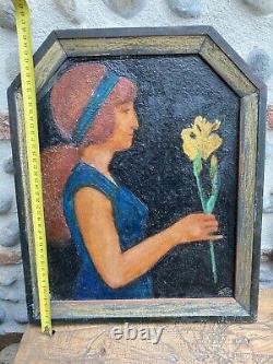 Très Belle Peinture Huile sur panneau ardoise jeune femme portrait art deco 1930