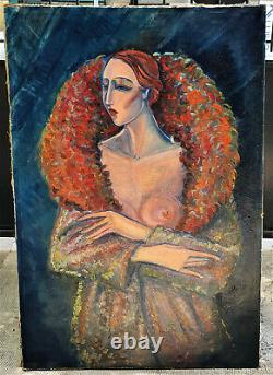 Très grande huile sur toile femme au sein nu art déco / post expressionnisme