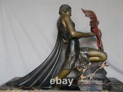 Très grande sculpture art deco 1930 LIMOUSIN 61cm x 46cm femme & oiseau statue