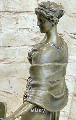 Victorien Femme Signée Sculpture Élégant Art Nouveau Bronze Statue Figurine Deco