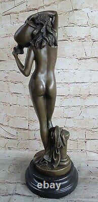 Vintage Art Déco Bronze Femme Fille Foire Maiden Hold Eau Bouteille Sculpture Nu