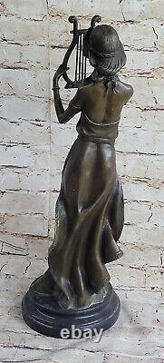 Vintage Art Déco Lourd Solide Bronze Sculpture Femme Avec / Harpe Fonte