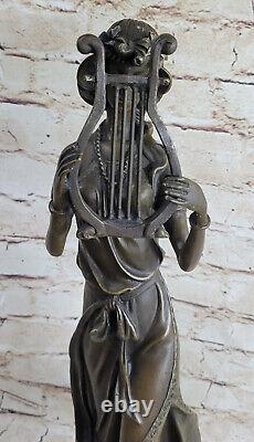 Vintage Art Déco Lourd Solide Bronze Sculpture Femme Avec / Harpe Fonte