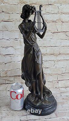 Vintage Art Déco Lourd Solide Bronze Sculpture Femme Avec / Harpe Fonte Figurine