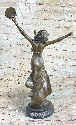 Vintage Français Art Déco Bronze Tambourin Femme Sculpture Marbre Base Nearly Nu