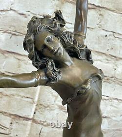Vintage Français Art Déco Bronze Tambourin Femme Sculpture Marbre Base Nearly Nu