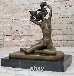 Vintage Moderne Art Déco Bronze Chair Statue Sculpture Fille Femme Avec Base