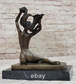 Vintage Moderne Art Déco Bronze Chair Statue Sculpture Fille Femme Avec Base