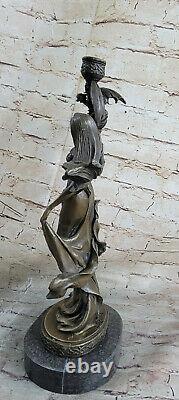 Vintage Signée Jean La Dragon Femme Bougeoir Art Déco Bronze Figure