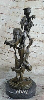 Vintage Signée Jean La Dragon Femme Bougeoir Art Déco Bronze Figurine