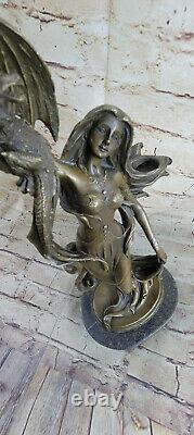 Vintage Signée Jean La Dragon Femme Bougeoir Art Déco Bronze Figurine